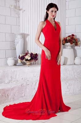 Red Halter Prom Pageant Dress Brush Chiffon V-neck