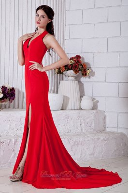 Red Halter Prom Pageant Dress Brush Chiffon V-neck