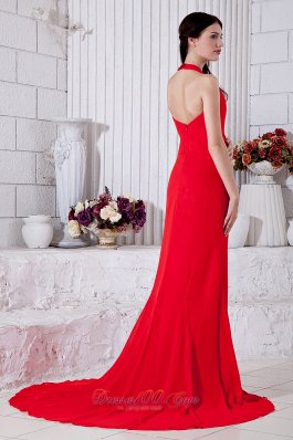 Red Halter Prom Pageant Dress Brush Chiffon V-neck