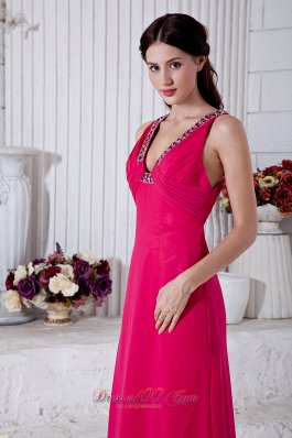 Coral Red Prom Dress V-neck Brush Cross Back Beading