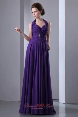 Purple Halter Prom Dress Beading Pleats Backless