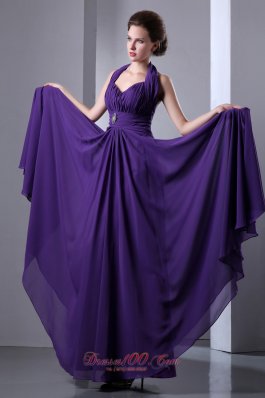 Purple Halter Prom Dress Beading Pleats Backless