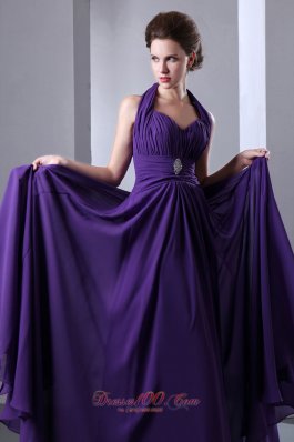 Purple Halter Prom Dress Beading Pleats Backless