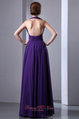 Purple Halter Prom Dress Beading Pleats Backless