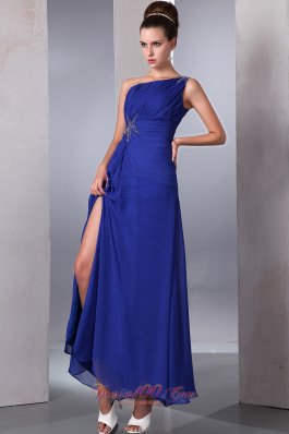 Blue One Shoulder Prom Dress Ankle-length Side Zipper