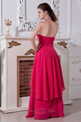 Halter Hot Pink Empire Chiffon Prom Dress Beading