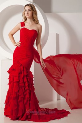 Red Mermaid Ruffles Prom Dress One Shoulder Watteau