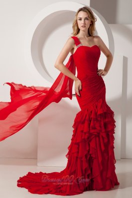 Red Mermaid Ruffles Prom Dress One Shoulder Watteau