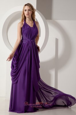 Purple Halter Prom Dress Beading Dropping Pleats