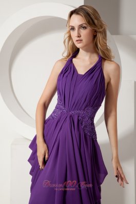 Purple Halter Prom Dress Beading Dropping Pleats