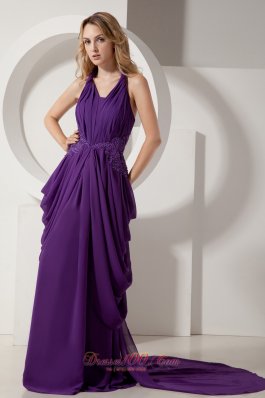 Purple Halter Prom Dress Beading Dropping Pleats