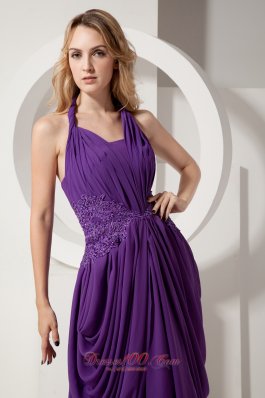 Purple Halter Prom Dress Beading Dropping Pleats