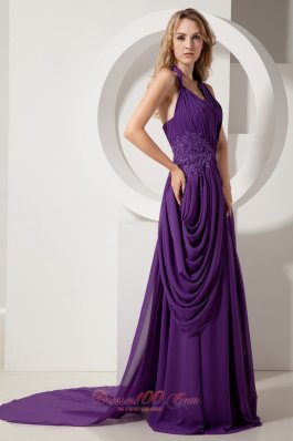 Purple Halter Prom Dress Beading Dropping Pleats