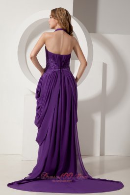 Purple Halter Prom Dress Beading Dropping Pleats