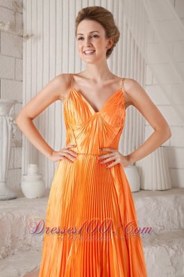 Orange Red Pleat Prom Dress Spaghetti Straps V-neck