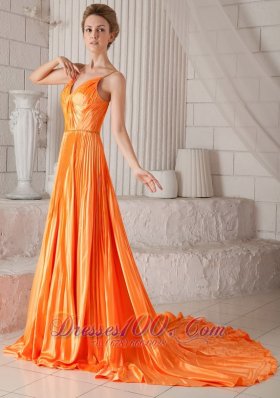 Orange Red Pleat Prom Dress Spaghetti Straps V-neck