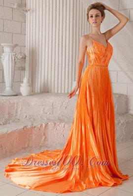 Orange Red Pleat Prom Dress Spaghetti Straps V-neck