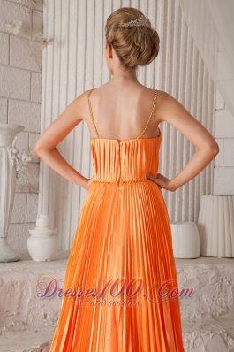 Orange Red Pleat Prom Dress Spaghetti Straps V-neck