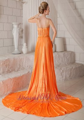 Orange Red Pleat Prom Dress Spaghetti Straps V-neck