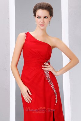 Cheap Red Prom Dress One Shoulder Beading Slit