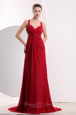 Wine Red Empire Straps Prom Dress Beading Cross Back