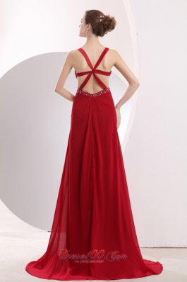 Wine Red Empire Straps Prom Dress Beading Cross Back