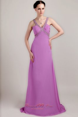 Lavender Sheath V-neck Dress for Prom Brush Beading