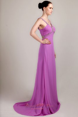 Lavender Sheath V-neck Dress for Prom Brush Beading