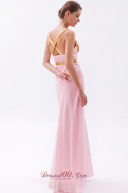 Baby Pink Cross Back Sheath Straps Prom Dress Sequins