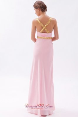 Baby Pink Cross Back Sheath Straps Prom Dress Sequins