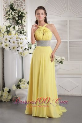 Yellow Halter Beading Prom Graduation Dress Backless