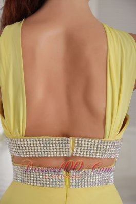 Yellow Halter Beading Prom Graduation Dress Backless