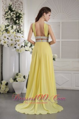 Yellow Halter Beading Prom Graduation Dress Backless