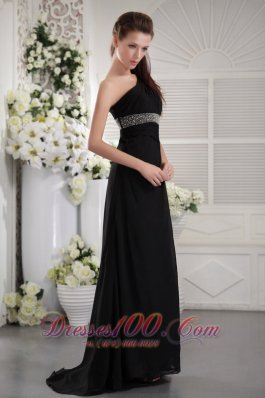 Black One Shoulder Brush Beading Prom Formal Dress