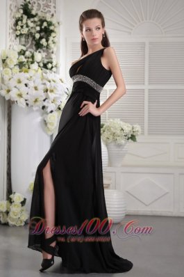 Black One Shoulder Brush Beading Prom Formal Dress