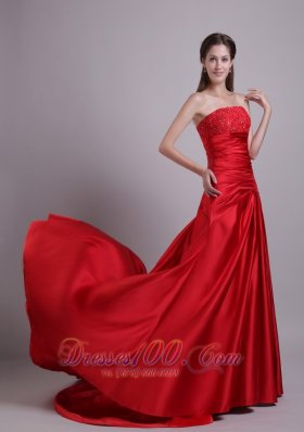 Red Empire Court Train Beading Prom Dress Ruched