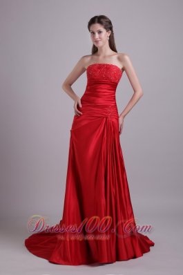 Red Empire Court Train Beading Prom Dress Ruched