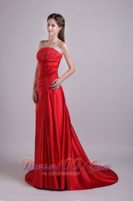 Red Empire Court Train Beading Prom Dress Ruched