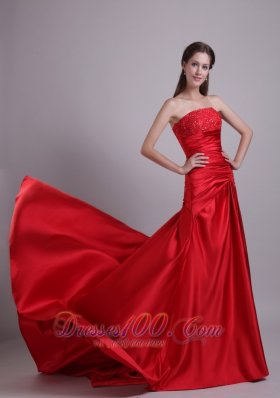 Red Empire Court Train Beading Prom Dress Ruched