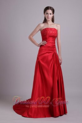 Red Empire Court Train Beading Prom Dress Ruched