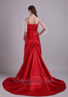 Red Empire Court Train Beading Prom Dress Ruched