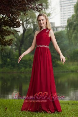 One Shoulder Wine Red Prom Dress Chiffon Beading