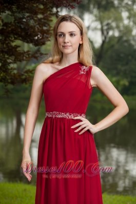 One Shoulder Wine Red Prom Dress Chiffon Beading