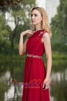 One Shoulder Wine Red Prom Dress Chiffon Beading