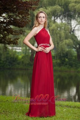 One Shoulder Wine Red Prom Dress Chiffon Beading