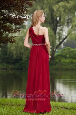 One Shoulder Wine Red Prom Dress Chiffon Beading