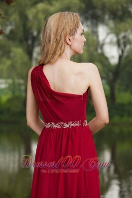 One Shoulder Wine Red Prom Dress Chiffon Beading