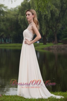 White Prom Dress Empire Strapless Brush Beading