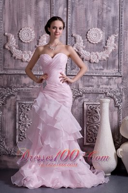 Baby Pink Prom Dress Brush Beading Ruched Ruffles