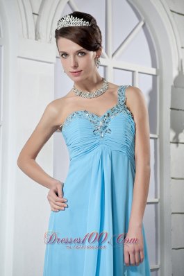 One Shoulder Prom Dress Brush Beading Light Blue